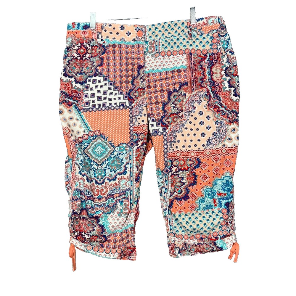 Chicos Pants Womens 3P 16 Petite Capri Orange Blue Patchwork Cotton Stretch